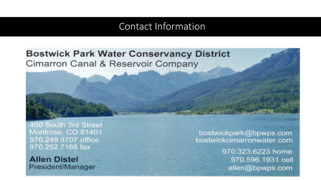 last slide of Bostwick Park Water Conservancy presentation with speakers contact information